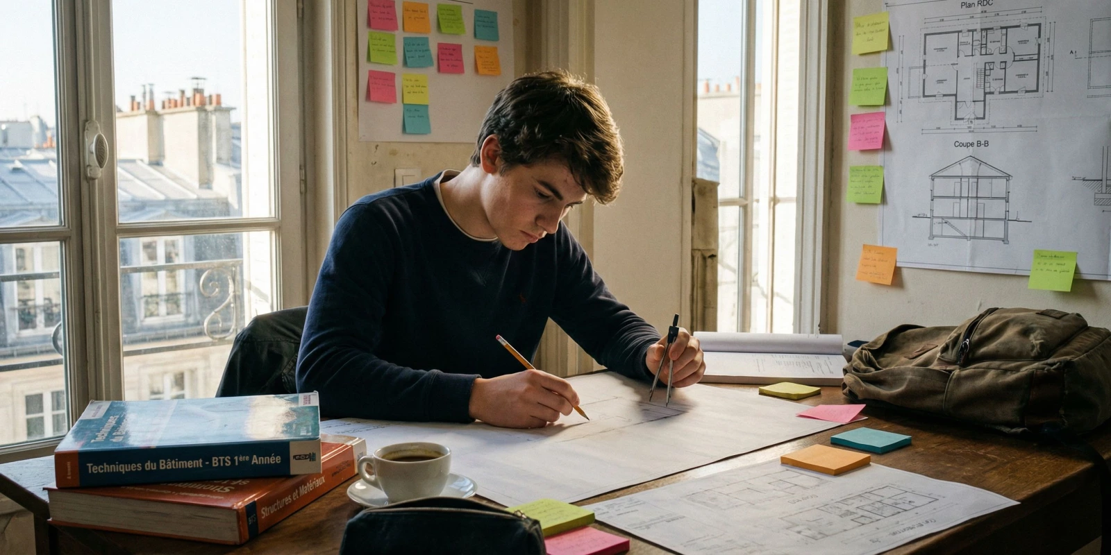 Fiches de révision BTS Bâtiment : la méthode qui marche Étudiant en BTS Bâtiment rédigeant ses fiches de révision sur un bureau avec plans et cours