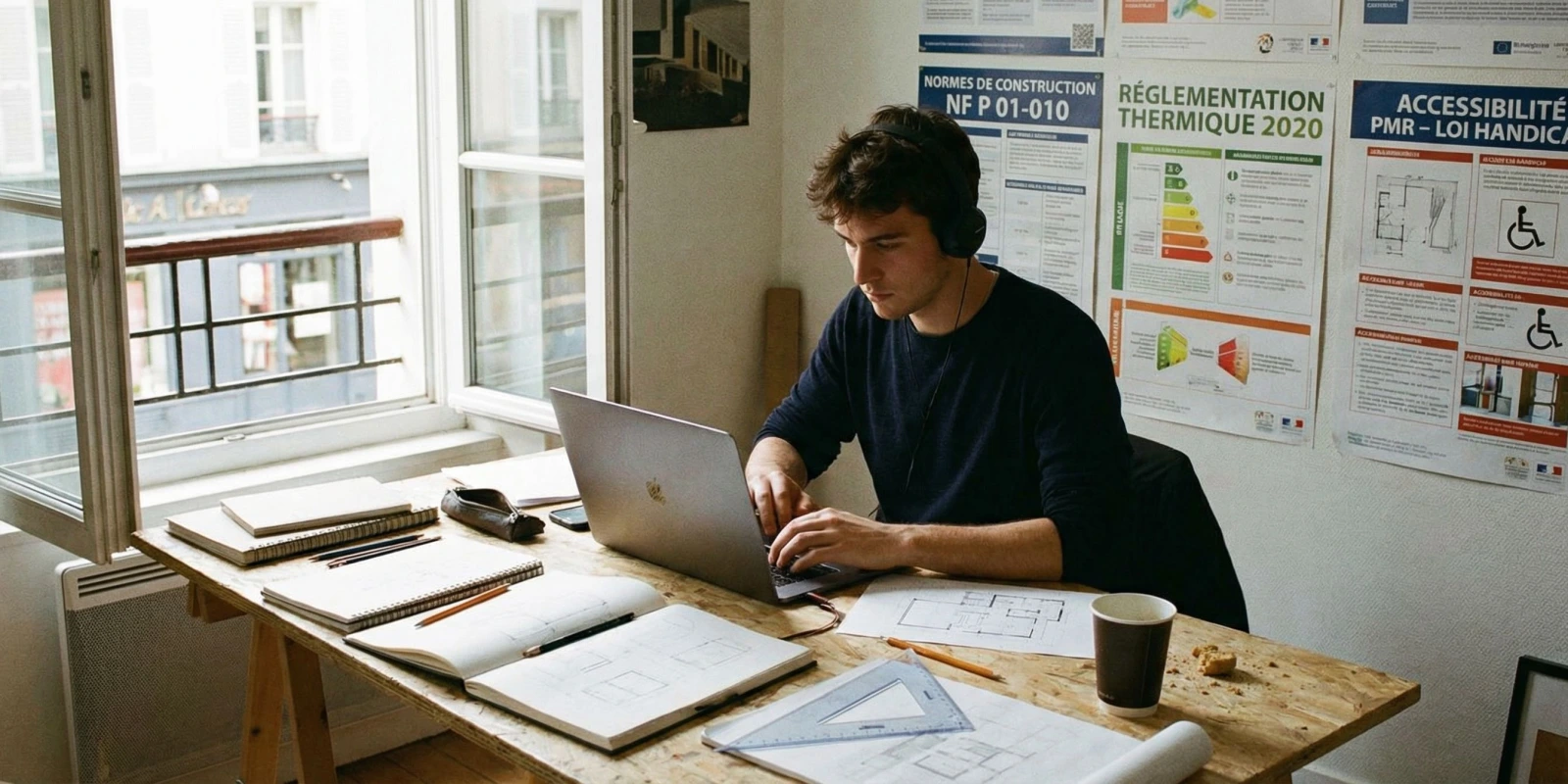 BTS Bâtiment à Distance : Le Guide Complet 2026 Étudiant en BTS Bâtiment révisant des plans de construction à distance sur ordinateur